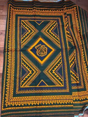 Veritable Wax Block Print Fabric 1 yard + 35" Rose & Geometric Design Orange/Gre